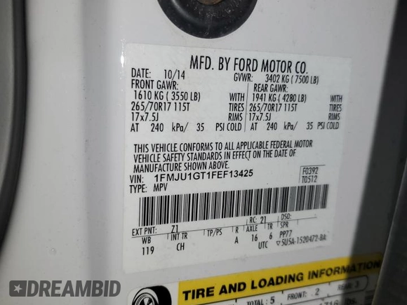 2015 Ford Expedition XL with VIN 1FMJU1GT1FEF13425, listed as a Copart auction lot 60624715 with 133,750 mi miles and Salvage title. Bid and sale history available at DreamBid. Image 13.