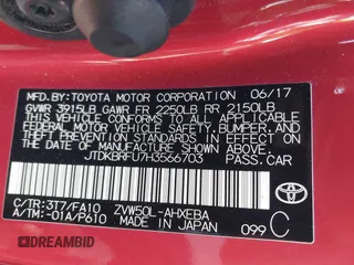 2017 Toyota Prius Two with VIN JTDKBRFU7H3566703, listed as a IAAI auction lot 41937815 with 85,354 mi miles and . Bid and sale history available at carsss.com. Image 9.