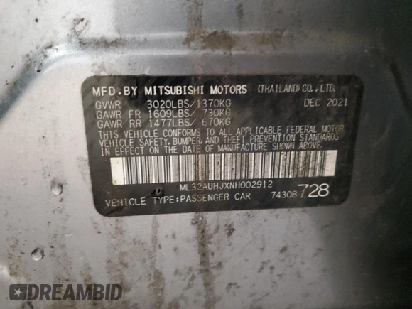 2022 Mitsubishi Mirage ES with VIN ML32AUHJXNH002912, listed as a Copart auction lot 58705215 with 55,828 mi miles and Salvage title. Bid and sale history available at DreamBid. Image 12.