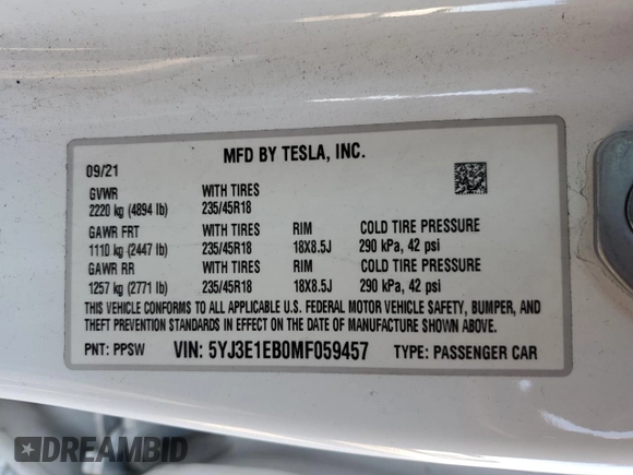 2021 Tesla Model 3 Long Range with VIN 5YJ3E1EB0MF059457, listed as a Copart auction lot 46277945 with 102,367 mi miles and Salvage Title. Bid and sale history available at carsss.com. Image 15.