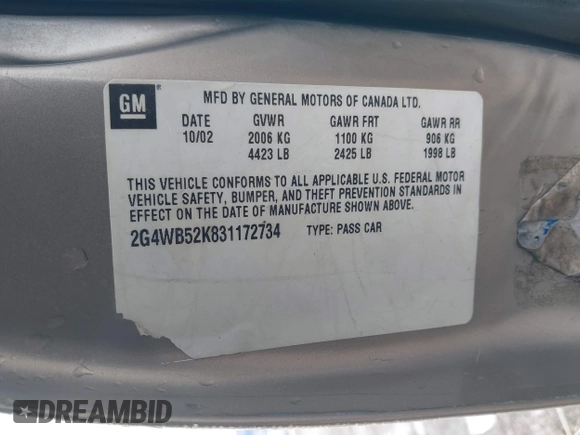 2003 Buick Regal LS with VIN 2G4WB52K831172734, listed as a IAAI auction lot 41645346 with Not provided miles and . Bid and sale history available at DreamBid. Image 9.