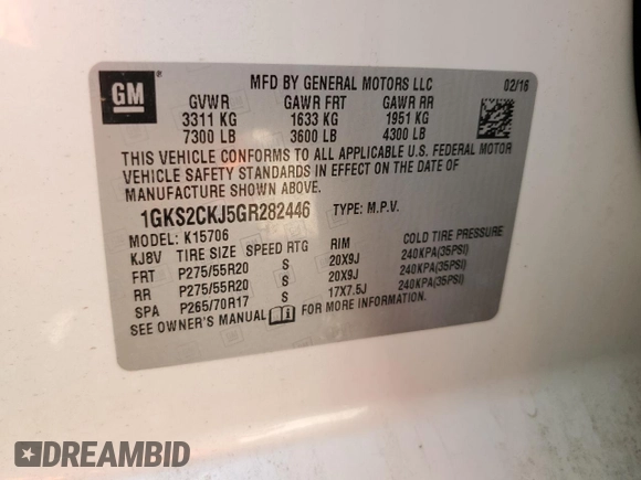 2016 GMC Yukon Denali with VIN 1GKS2CKJ5GR282446, listed as a Copart auction lot 68660254 with 122,751 mi miles and Salvage Title. Bid and sale history available at carsss.com. Image 13.