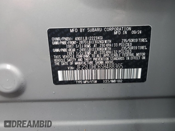 2025 Subaru Forester Special Sports with VIN JF2SLDHC6SH488365, listed as a Copart auction lot 57224155 with Not provided miles and Salvage title. Bid and sale history available at DreamBid. Image 13.