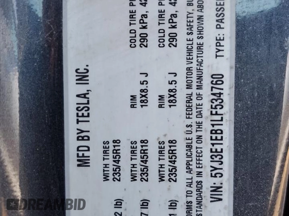 2020 Tesla Model 3 Long Range with VIN 5YJ3E1EB1LF534760, listed as a Copart auction lot 48039835 with 65,891 mi miles and Salvage Title. Bid and sale history available at carsss.com. Image 13.