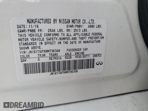 2017 Infiniti Q50 Signature Edition with VIN JN1EV7APXHM736348, listed as a Copart auction lot 51352315 with 159,434 mi miles and Salvage Title. Bid and sale history available at DreamBid. Image 12.