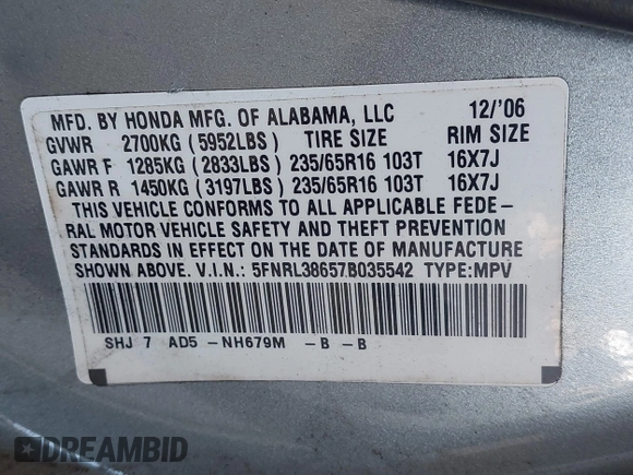 2007 Honda Odyssey EX-L with VIN 5FNRL38657B035542, listed as a IAAI auction lot 42185191 with Not Provided miles and . Bid and sale history available at DreamBid. Image 9.