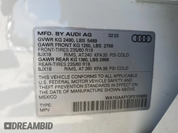 2023 Audi Q5 S line Premium z VIN WA1GAAFY2P2105890, wystawiony jako Copart lot #55735335 z przebiegiem 23 726 mil mil oraz Szkoda całkowita • Salvage title. Historia ofert i sprzedaży dostępna na DreamBid. Obrazek 13.