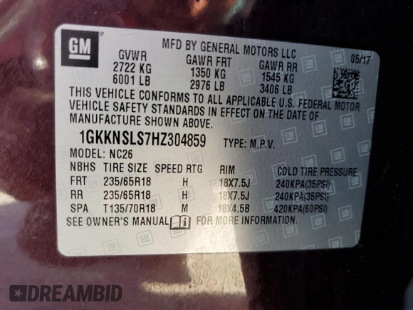 2017 GMC Acadia SLE with VIN 1GKKNSLS7HZ304859, listed as a Copart auction lot 55365035 with 79,359 mi miles and Salvage title. Bid and sale history available at DreamBid. Image 13.