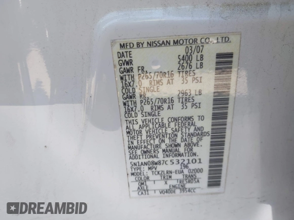 2007 Nissan Xterra SE with VIN 5N1AN08W87C532101, listed as a IAAI auction lot 41934864 with 175,636 mi miles. Bid and sale history available at carsss.com. Image 9.