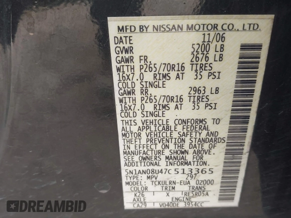 2007 Nissan Xterra SE z VIN 5N1AN08U47C513365, wystawiony jako IAAI lot #42160627 z przebiegiem 217 363 mil mil oraz . Historia ofert i sprzedaży dostępna na DreamBid. Obrazek 9.