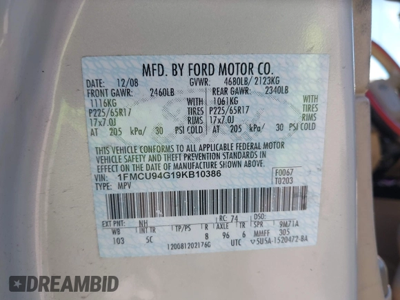 2009 Ford Escape Limited с VIN 1FMCU94G19KB10386, выставлен на аукционе IAAI как лот 42195097 с пробегом 208 095 миль миль и . История ставок и продаж доступна на DreamBid. Изображение 9.