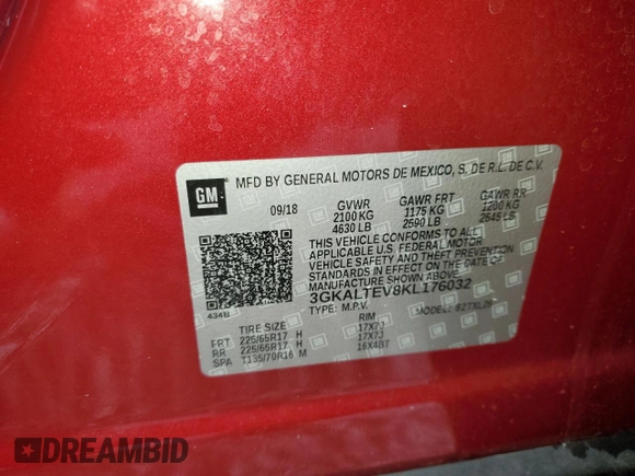 2019 GMC Terrain SLE with VIN 3GKALTEV8KL176032, listed as a Copart auction lot 51833195 with 71,626 mi miles and Salvage Title. Bid and sale history available at DreamBid. Image 16.