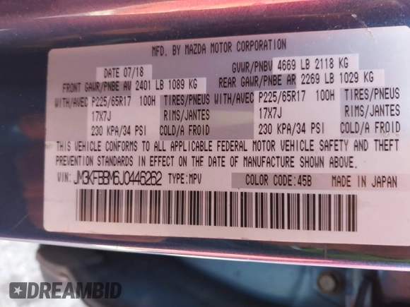2018 Mazda CX-5 Sport with VIN JM3KFBBM6J0446262, listed as a IAAI auction lot 41410799 with 155,807 mi miles. Bid and sale history available at carsss.com. Image 9.