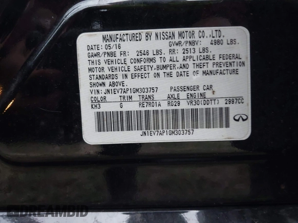 2016 Infiniti Q50 Premium with VIN JN1EV7AP1GM303757, listed as a IAAI auction lot 41967072 with 95,238 mi miles and . Bid and sale history available at carsss.com. Image 9.