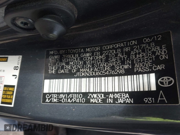 2012 Toyota Prius One with VIN JTDKN3DU6C5476298, listed as a IAAI auction lot 41920894 with 205,430 mi miles. Bid and sale history available at carsss.com. Image 9.