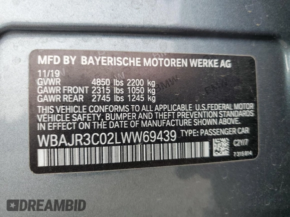 2020 BMW 5 Series 530i with VIN WBAJR3C02LWW69439, listed as a Copart auction lot 42242975 with 26,208 mi miles and Salvage Title. Bid and sale history available at DreamBid. Image 14.