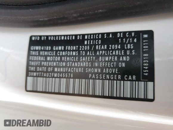 2015 Volkswagen GTI S with VIN 3VWYT7AU2FM045576, listed as a Copart auction lot 53338075 with 94,486 mi miles and Salvage Title. Bid and sale history available at DreamBid. Image 12.