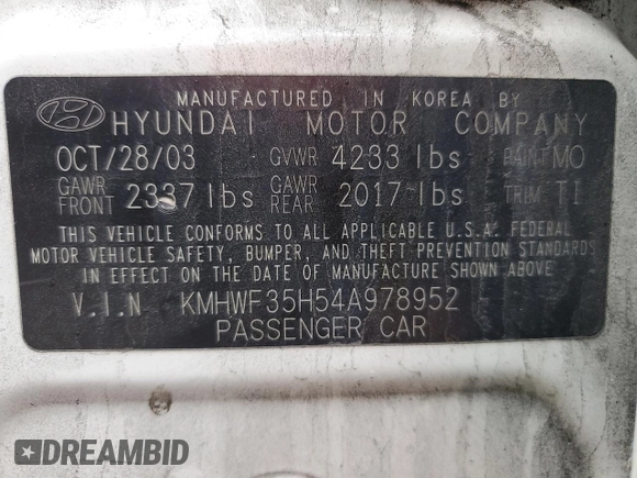 2004 Hyundai Sonata GLS with VIN KMHWF35H54A978952, listed as a Copart auction lot 49312725 with 0 mi miles and Salvage Title. Bid and sale history available at carsss.com. Image 12.