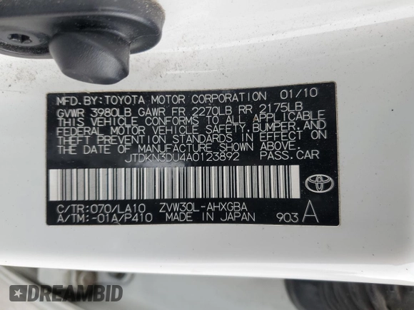 2010 Toyota Prius II with VIN JTDKN3DU4A0123892, listed as a Copart auction lot 53800295 with 115,295 mi miles and Salvage Title. Bid and sale history available at DreamBid. Image 12.