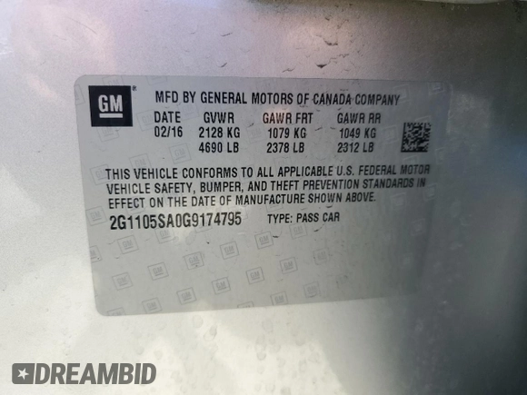 2016 Chevrolet Impala LT with VIN 2G1105SA0G9174795, listed as a Copart auction lot 55632715 with 117,601 mi miles and Salvage title. Bid and sale history available at DreamBid. Image 12.