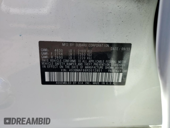 2024 Subaru Legacy Premium z VIN 4S3BWAF66R3012951, wystawiony jako Copart lot #53900515 z przebiegiem 21 697 mil mil oraz Szkoda całkowita • Salvage title. Historia ofert i sprzedaży dostępna na DreamBid. Obrazek 14.