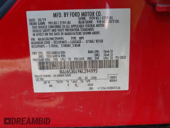 2019 Ford EcoSport SE with VIN MAJ6S3GL9KC294995, listed as a IAAI auction lot 42119134 with 104,940 mi miles and . Bid and sale history available at DreamBid. Image 9.