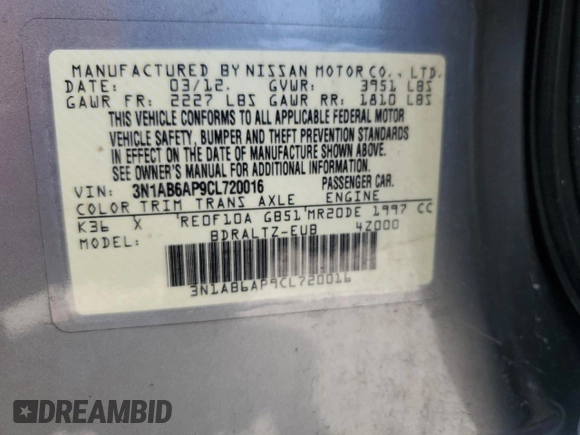 2012 Nissan Sentra S with VIN 3N1AB6AP9CL720016, listed as a Copart auction lot 60467695 with 76,993 mi miles and Salvage title. Bid and sale history available at DreamBid. Image 13.