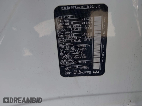 2020 Infiniti QX50 Luxe with VIN 3PCAJ5M15LF120478, listed as a IAAI auction lot 42212236 with 85,851 mi miles and . Bid and sale history available at DreamBid. Image 9.