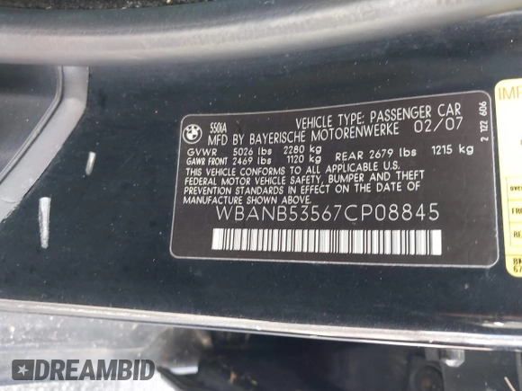 2007 BMW 5 Series 550i with VIN WBANB53567CP08845, listed as a IAAI auction lot 41497503 with 181,694 mi miles and . Bid and sale history available at DreamBid. Image 9.
