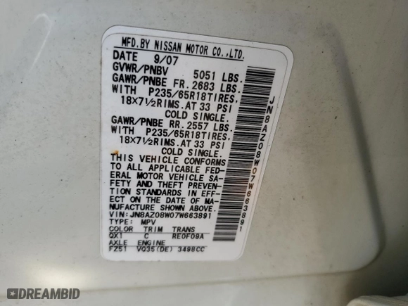 2007 Nissan Murano S with VIN JN8AZ08W07W663891, listed as a Copart auction lot 67211624 with 121,542 mi miles and Non Repairable. Bid and sale history available at carsss.com. Image 13.
