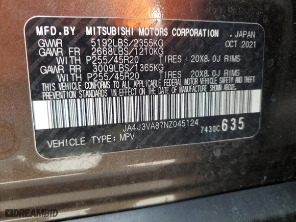 2022 Mitsubishi Outlander SEL with VIN JA4J3VA87NZ045124, listed as a Copart auction lot 51527395 with 49,028 mi miles and Non Repairable. Bid and sale history available at carsss.com. Image 13.