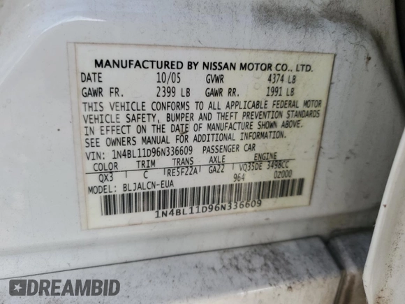 2006 Nissan Altima 3.5 SE with VIN 1N4BL11D96N336609, listed as a Copart auction lot 83191494 with 0 mi miles and Salvage Title. Bid and sale history available at carsss.com. Image 14.