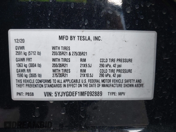 2021 Tesla Model Y Performance with VIN 5YJYGDEF1MF092889, listed as a IAAI auction lot 42076715 with 48,373 mi miles and . Bid and sale history available at DreamBid. Image 9.