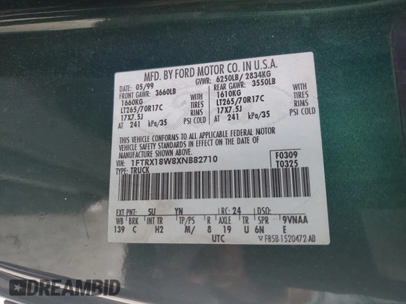 1999 Ford F-150 with VIN 1FTRX18W8XNB82710, listed as a Copart auction lot 58264745 with Not provided miles and Salvage title. Bid and sale history available at DreamBid. Image 12.
