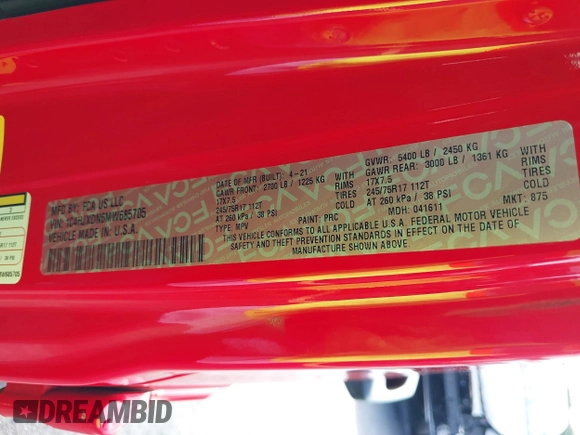 2021 Jeep Wrangler Unlimited Sport S z VIN 1C4HJXDN6MW685705, wystawiony jako IAAI lot #42344146 z przebiegiem 53 859 mil mil oraz . Historia ofert i sprzedaży dostępna na DreamBid. Obrazek 9.