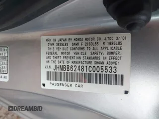 2001 Honda Prelude with VIN JHMBB62481C005533, listed as a IAAI auction lot 42200322 with 85,394 mi miles and . Bid and sale history available at DreamBid. Image 9.
