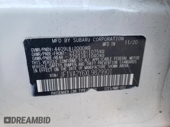 2020 Subaru WRX STI Limited with VIN JF1VA2Y6XL9829901, listed as a Copart auction lot 39853474 with 30,511 mi miles and Salvage Title. Bid and sale history available at carsss.com. Image 12.