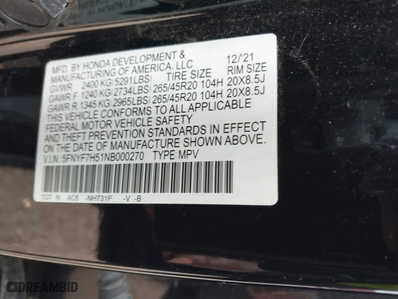 2022 Honda Passport EX-L with VIN 5FNYF7H51NB000270, listed as a IAAI auction lot 41206414 with 61,161 mi miles. Bid and sale history available at carsss.com. Image 9.