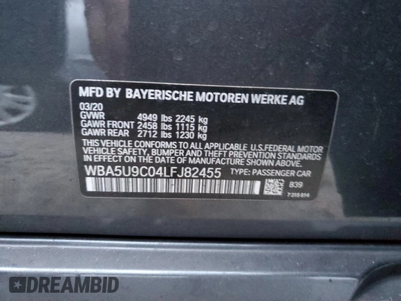 2020 BMW 3 Series M340i xDrive with VIN WBA5U9C04LFJ82455, listed as a Copart auction lot 70134262 with 38,736 mi miles and . Bid and sale history available at DreamBid. Image 12.