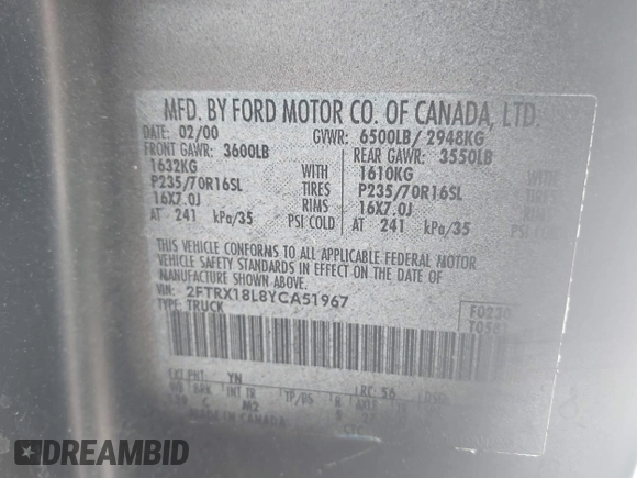 2000 Ford F-150 XL z VIN 2FTRX18L8YCA51967, wystawiony jako IAAI lot #42478391 z przebiegiem Nie podano mil oraz . Historia ofert i sprzedaży dostępna na DreamBid. Obrazek 9.
