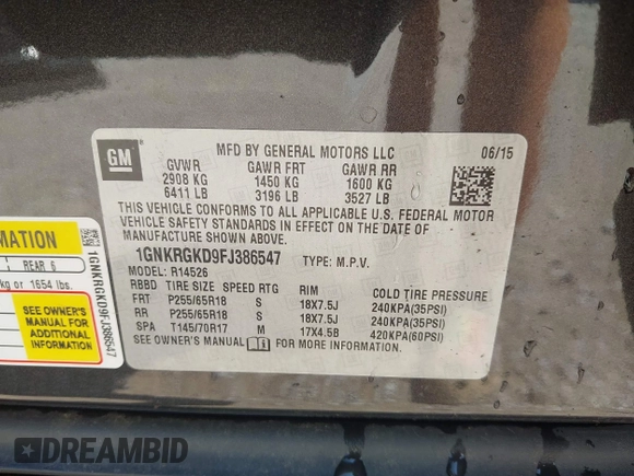 2015 Chevrolet Traverse LT with VIN 1GNKRGKD9FJ386547, listed as a IAAI auction lot 42663028 with 170,563 mi miles and . Bid and sale history available at DreamBid. Image 9.