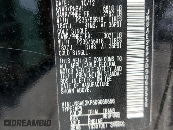 2013 Nissan Quest LE with VIN JN8AE2KP5D9065556, listed as a Copart auction lot 62130425 with 174,438 mi miles and Salvage title. Bid and sale history available at DreamBid. Image 14.