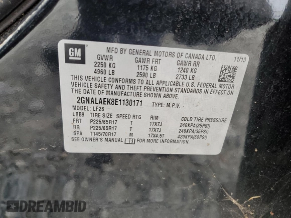 2014 Chevrolet Equinox LS z VIN 2GNALAEK8E1130171, wystawiony jako Copart lot #58270595 z przebiegiem Nie podano mil oraz Czysty tytuł • Clean title. Historia ofert i sprzedaży dostępna na DreamBid. Obrazek 12.