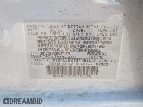 2023 Nissan Versa SR with VIN 3N1CN8FV3PL871376, listed as a IAAI auction lot 42665600 with 45,624 mi miles and . Bid and sale history available at DreamBid. Image 9.