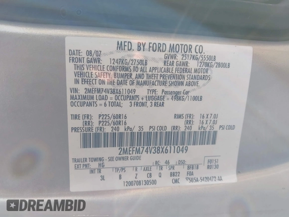 2008 Mercury Grand Marquis GS with VIN 2MEFM74V38X611049, listed as a IAAI auction lot 41869117 with 162,669 mi miles and . Bid and sale history available at DreamBid. Image 9.