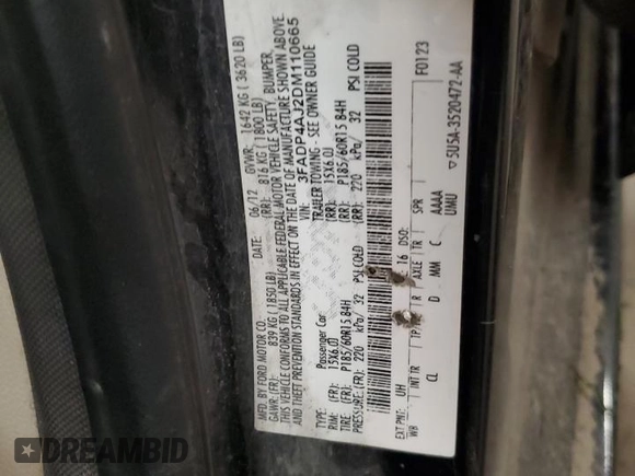 2013 Ford Fiesta S with VIN 3FADP4AJ2DM110665, listed as a Copart auction lot 59499455 with 203,465 mi miles and Salvage title. Bid and sale history available at DreamBid. Image 12.