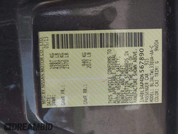 2013 Nissan Altima SV z VIN 1N4BL3AP4DN567890, wystawiony jako IAAI lot #42128612 z przebiegiem 169 491 mil mil oraz . Historia ofert i sprzedaży dostępna na DreamBid. Obrazek 9.
