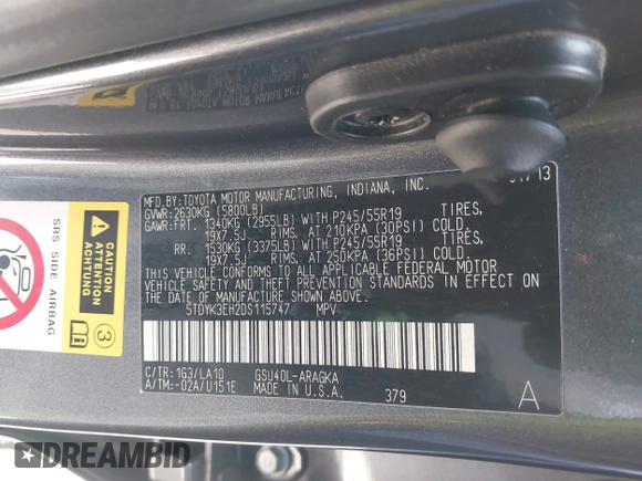 2013 Toyota Highlander Limited with VIN 5TDYK3EH2DS115747, listed as a IAAI auction lot 42460120 with 149,479 mi miles and . Bid and sale history available at DreamBid. Image 9.