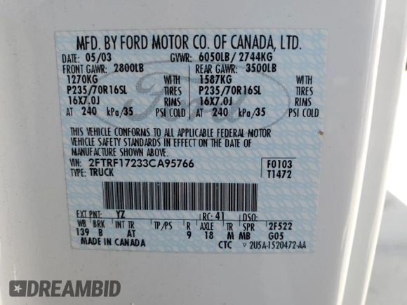 2003 Ford F-150 XL with VIN 2FTRF17233CA95766, listed as a Copart auction lot 52638505 with 68,162 mi miles and Salvage title. Bid and sale history available at DreamBid. Image 14.