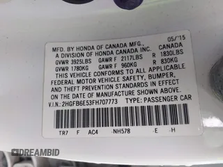 2015 Honda Civic Sedan Si with VIN 2HGFB6E53FH707773, listed as a IAAI auction lot 41427654 with 90,583 mi miles. Bid and sale history available at carsss.com. Image 9.